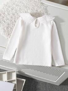 SHEIN Genkimix Kids Áo thun tay dài vải gân cho bé gái có cổ viền ren, thoải mái, thời trang thanh lịch, phù hợp cho mùa xuân, thu, đông - trắng - Xem 2