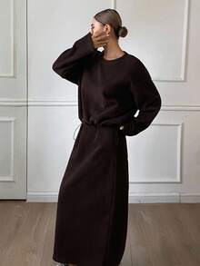 Livesso 秋冬季保暖宽松商务休闲套头卫衣+直筒抽绳腰半身裙两件套，时尚棕色保暖内衬 - 咖啡棕 - 查看 7