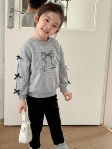 SHEIN Little Byeori Young Girls' Casual Butterfly Decor Round Neck Long Sleeve Hoodie Sweatshirt And Leggings Set - Multicolor - View 3