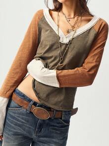 Bohemela Áo nỉ nữ cỡ lớn cổ chữ V tay raglan phối màu tương phản, dáng rộng thoải mái - Màu nâu  Mocha - Xem 3