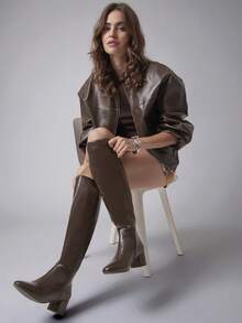 Solezae Women's Fashionable Comfortable Stretch Material Almond Toe Block Heel Over-Knee Boots