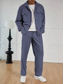 Manfinity Roghcode Bộ quần áo sơ mi và quần vải jacquard họa tiết tổ ong trơn màu dành cho nam - Màu xanh lam - Xem 3