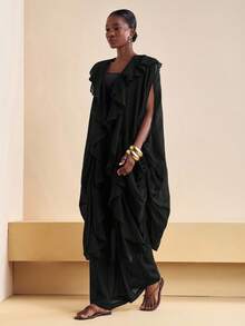 Zivah 2025秋季新品，适合生日派对、聚会、宴会、返校季、学院风、学生装、日常出行、百搭基础款、休闲、邮轮旅行、时尚、街头风、优雅、通勤、商务休闲等场合。这款开襟无袖垂褶不对称下摆罩衫搭配宽松阔腿裤，裤腿带有口袋，采用红棕色竖条纹纹理面料，是秋季女士两件套的理想之选。 - 黑色 - 查看 5