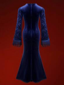 Glisette 女士纯色V领长袖流苏喇叭袖鱼尾连衣裙，秋冬款 - 藏蓝色 - 查看 2