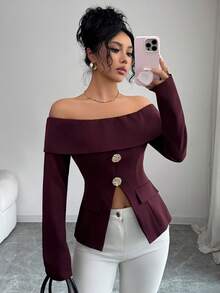 Selianne Elegancka bluzka damska z odkrytymi ramionami i rozcięciem do pracy - Brązowy - Zobacz 3