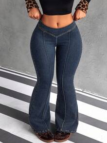 Jeanoix Quần jeans ống loe cạp thấp thường ngày cỡ lớn giặt sạch - Màu xanh lam - Xem 6