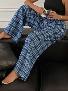 DAZY 格子宽松女士休闲舒适裤、家居服下装睡衣 - 藏蓝色 - 查看 3