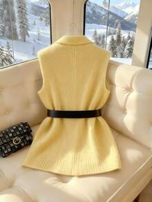 GlowEve 女士优雅休闲无领口袋针织开衫背心，不含腰带 - 黃色 - 查看 2