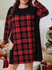 SHEIN CURVE+ Sukienka w kratę i patchwork w dużym rozmiarze, czerwona, casualowa, świąteczna sukienka dla kobiet - Wielokolorowe - Zobacz 6