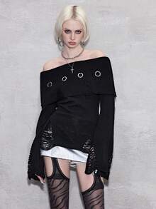 ROMWE Avant Y2K Punk Kpop Ripped Design Waist Cinched Flare Sleeve Metal Grommet Accent Off-Shoulder Sweater - Black - View 5
