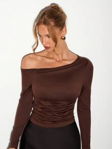 Nuvra Sexy Asymmetric-Shoulder Design Versatile Slim Fit Long Sleeve T-Shirt - Brown - View 7