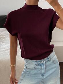 Livesso Blusa de punto casual de manga corta con cuello alto y efecto murciélago, unicolor, para otoño - Burdeos - Ver 4