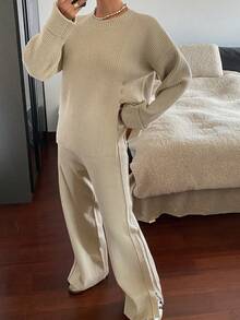 DAZY 2 件套女士纯色圆领开衩毛衣和阔腿裤针织套装，秋季服装 - 杏色 - 查看 7