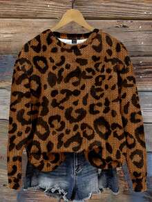 SHEIN LUNE 休闲豹纹仿效果简约图案圆领宽松女式卫衣，秋冬季，秋季女装，休闲款 - 彩色 - 查看 4