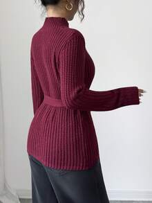 SHEIN Elenzya 冬季中长款高领针织毛衣，收腰设计 - 酒紅色 - 查看 2