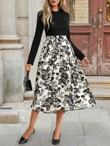 EMERY ROSE Vestido de manga larga con estampado de color contrastante para mujer - Negro - Ver 6