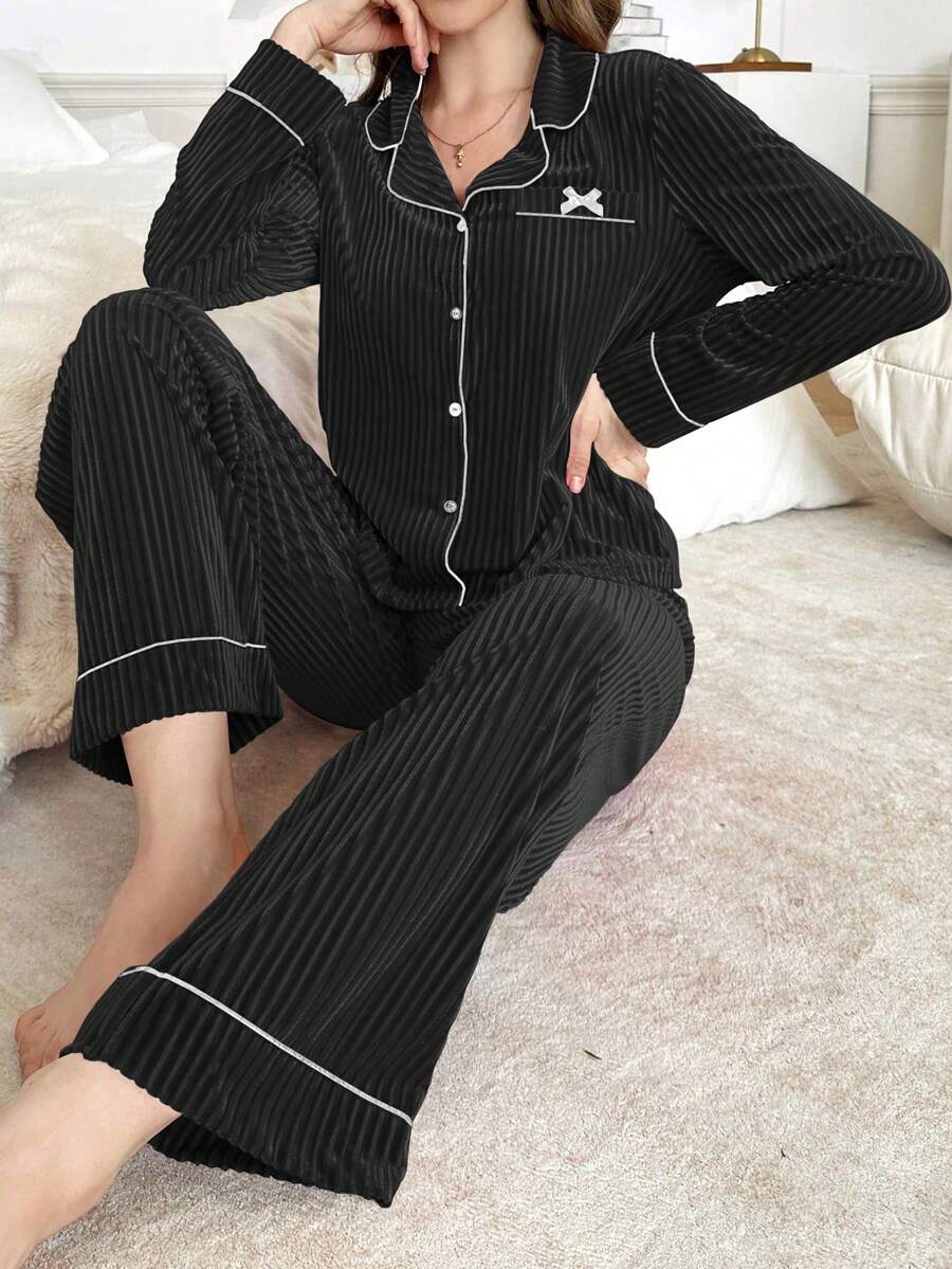 SHEIN Bow Decor Solid Color Women Fluffy Cozy Pajama Set, Winter Clothes