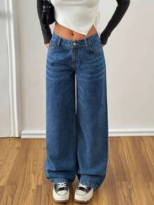 EURMUSE Mid Waist Wash Detailed Wideleg Jean Y2k Jeans Y2k Outfit 90s Outfit Women Crop Tops Y2k Jean Outfit Set - Medium Wash - View 5