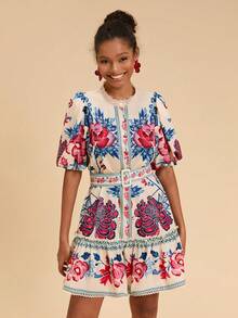 Travachic 花卉印花泡泡袖休闲度假连衣裙 - 藍白色 - 查看 6