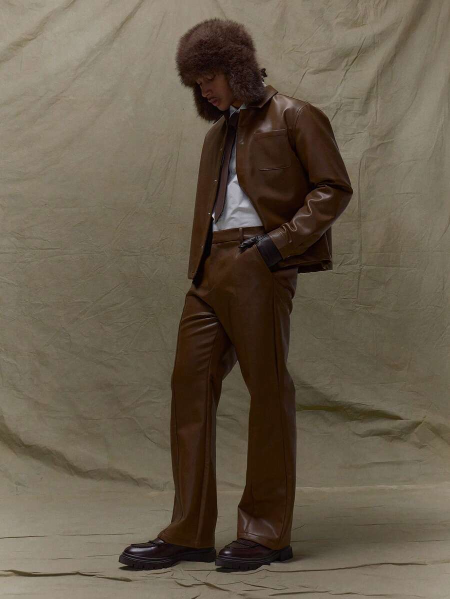 Musero Straight Leg Leather Pants Trouser Seam Detailing Pleat Style Front Winter - Coffee Brown - View 1