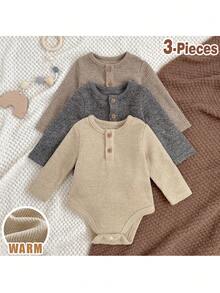 Loomiva 3pcs Newborn Baby Boy/Girl Solid Color Soft Knit Crew Neck Long Sleeve Bodysuit Set - Multicolor - View 5