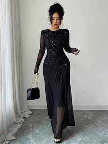 Islaluna Vestido de manga larga elegante con empalme en la cintura, tejido elástico fruncido acanalado y parche de tela de malla transparente, tela de malla de unicolor, negro, otoño/invierno