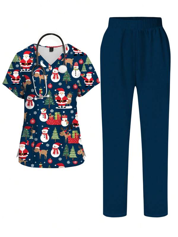 PopScrub Conjunto de uniforme de enfermera de manga corta con cuello en V, bolsillo y estampado de Papá Noel, renos y muñeco de nieve para mujeres