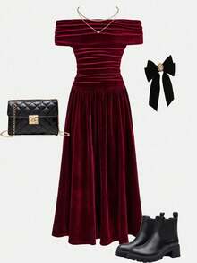 Elegant Burgundy Velvet Patchwork Ruffle Hem Off Shoulder Dress, Party/Formal Gown For Teen Girls, Suitable For Christmas, Halloween, New Year Elegant Teen Dress Velvet Dress Evening Wear Teen - Burgundy - View 3