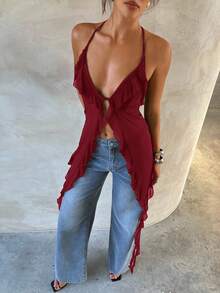 Aloruh Women's Sexy Halter Neck Chiffon Blouse,Sexy Tops - Burgundy - View 5