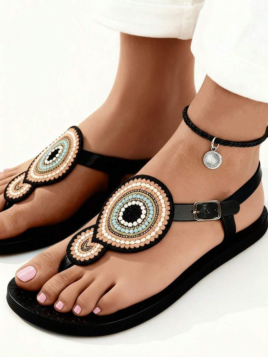 Grefit 女士平底人字拖凉鞋，休闲沙滩旅行度假拖鞋 - 黑色 - 查看 1