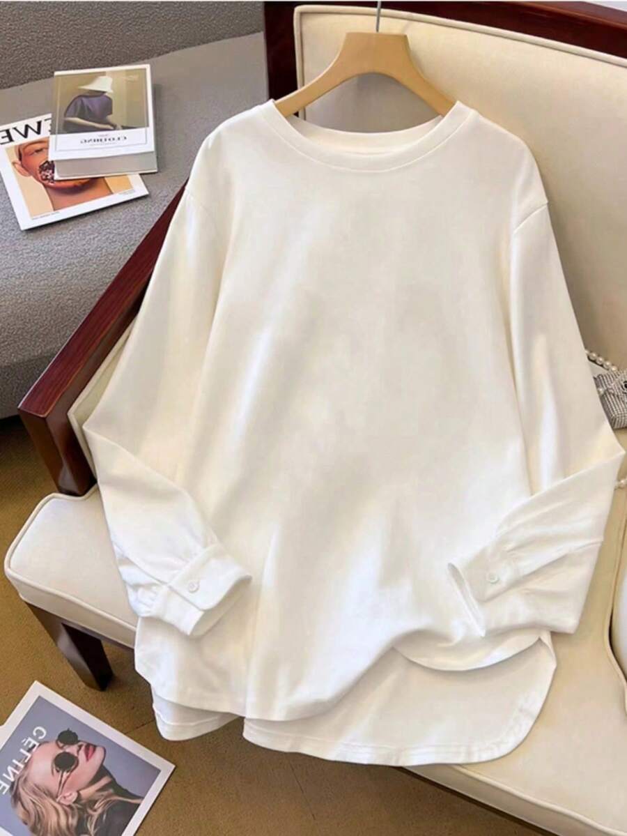 EMERY ROSE 优雅白色中长袖女式宽松运动衫打底套头衫秋季