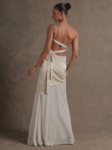 L'Amorae Satin Chiffon Mixed Media Backless One Shoulder Gown Graduation Prom Wedding Birthday - Apricot - View 6