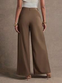 L'Amorae 女士阔腿褶皱长裤商务办公休闲装 - 棕色 - 查看 4