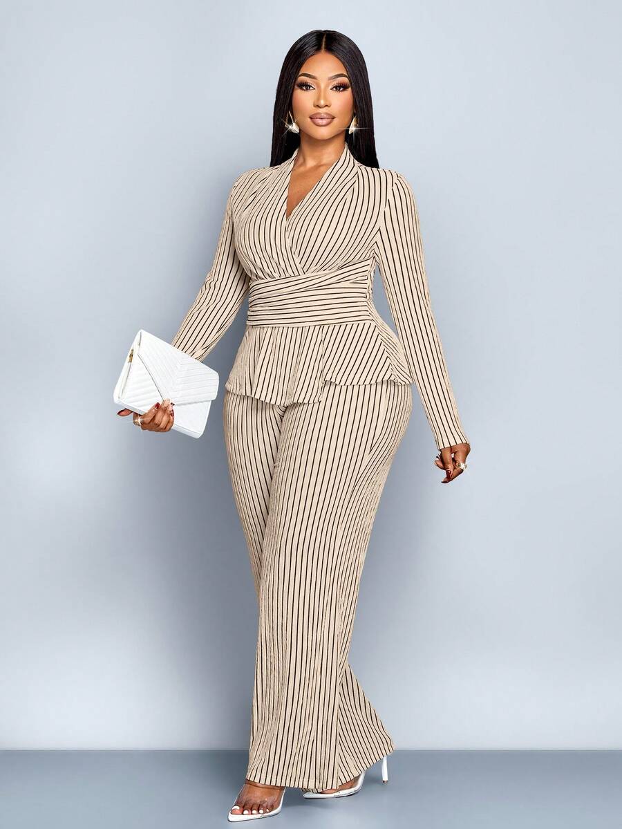 SOLERSUN 大码女装秋冬优雅条纹V领长袖T恤和阔腿裤两件套，不对称下摆两件套，休闲日常穿着，女装冬装女装秋装，包裹性，扭纹，腰带，黑白条纹提花纹理面料，日常穿着，通勤，购物 - 杏色 - 查看 1