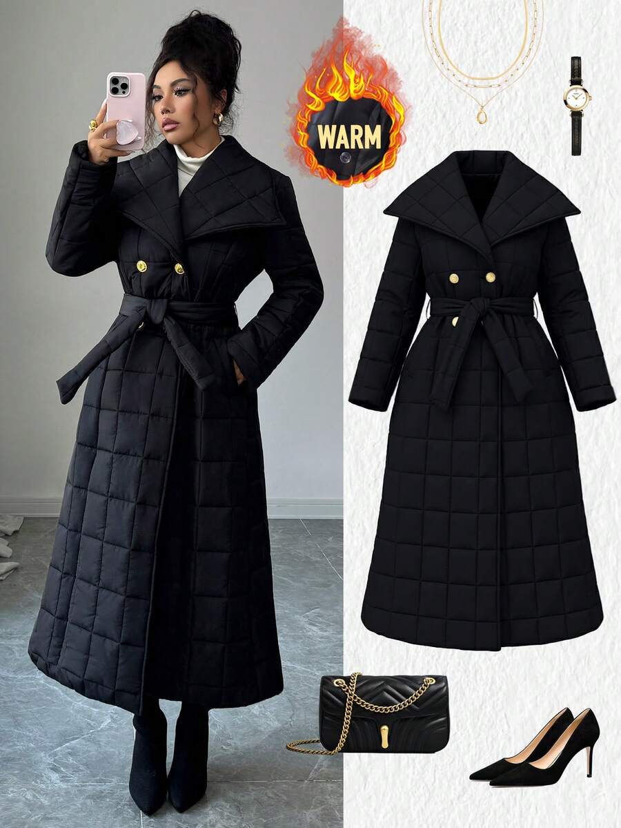 Elenzga 女士优雅通勤黑色格子大翻领双排扣蝴蝶结腰带设计双口袋长袖修身长款羽绒服，秋冬款 - 黑色 - 查看 1