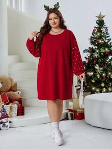 SHEIN CURVE+ Plus Size Women's Loose Dropped Shoulder Red Dress, Suitable For Autumn/Winter And Christmas