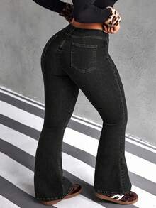 SHEIN EZwear 大码休闲水洗低腰喇叭牛仔裤 - 黑色 - 查看 2