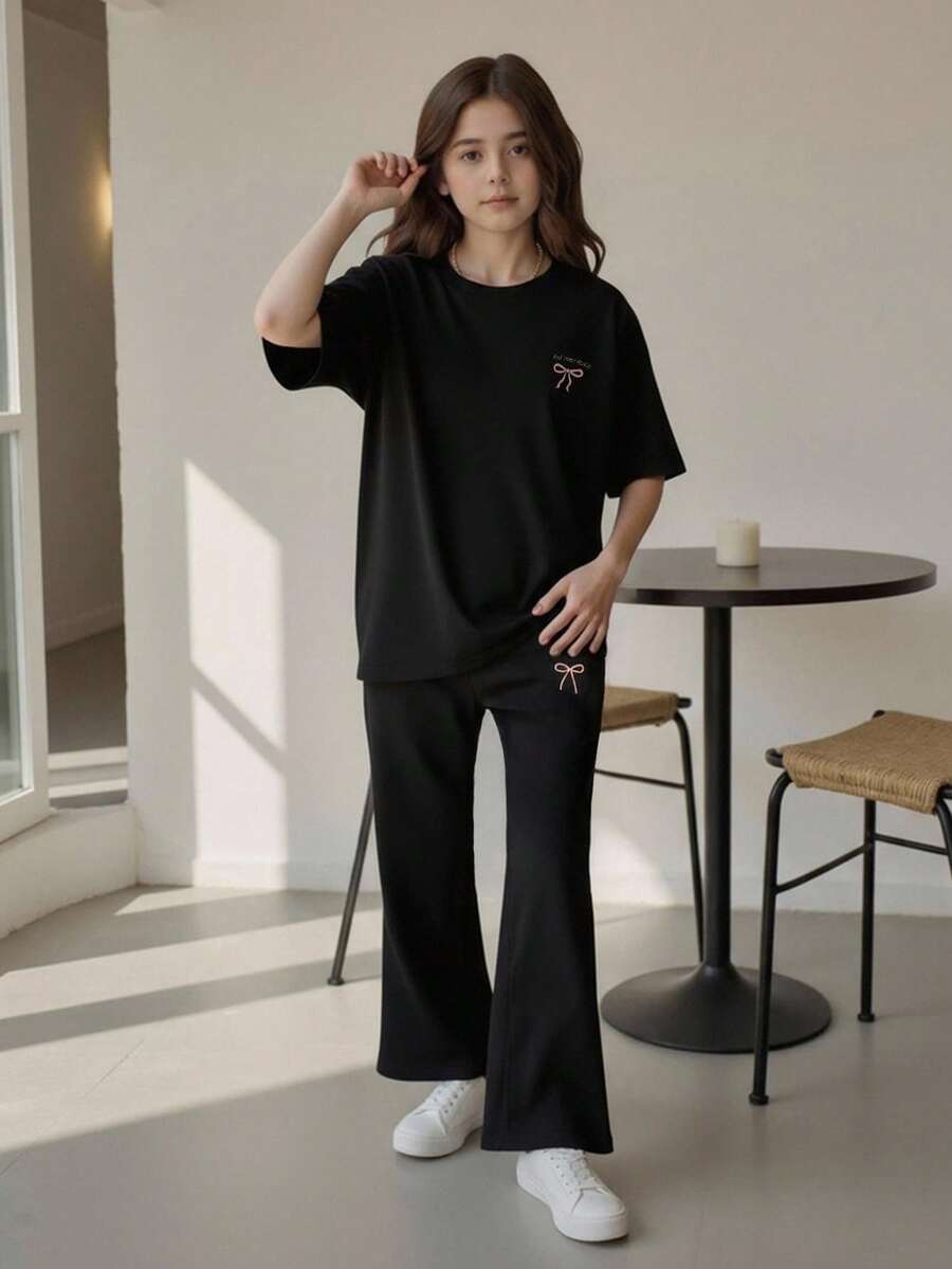 Tween Girl "Find Inner Peace" Butterfly Print Round Neck Short Sleeve T-Shirt And Knit Flare Pants Set, Y2K Style - Black - View 1