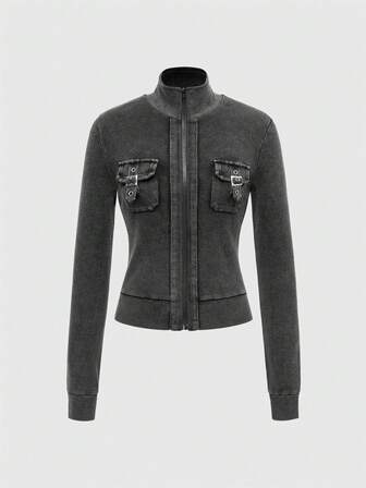 Grunge Punk Camicia con chiusura lampo frontale, tasche cargo, maniche lunghe skinny