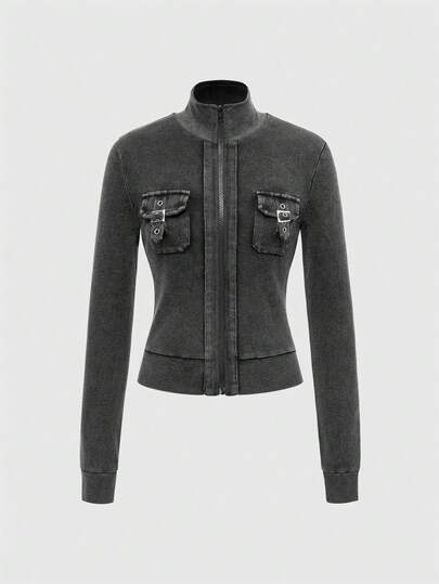 Grunge Punk Cargo à manches longues skinny avec poches zippées et lavé