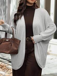 Vionelle Plus Size Women Elegant Gray Knit Blend Open Front Short Sleeve Cardigan