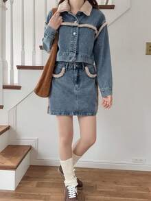 FRIFUL 女式休闲百搭牛仔套装，采用拼布羊羔绒面料 - 藍色 - 查看 2