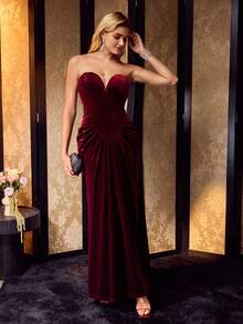 MOTF Soiréza WOMEN'S VELVET BANDEAU PROM DRESS - Burgundy - View 5