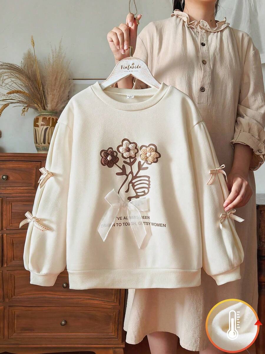 Vintaside Kids 女童杏色花卉印花针织运动衫,休闲修身套头衫,适合户外、家居、运动穿着 - 彩色 - 查看 1