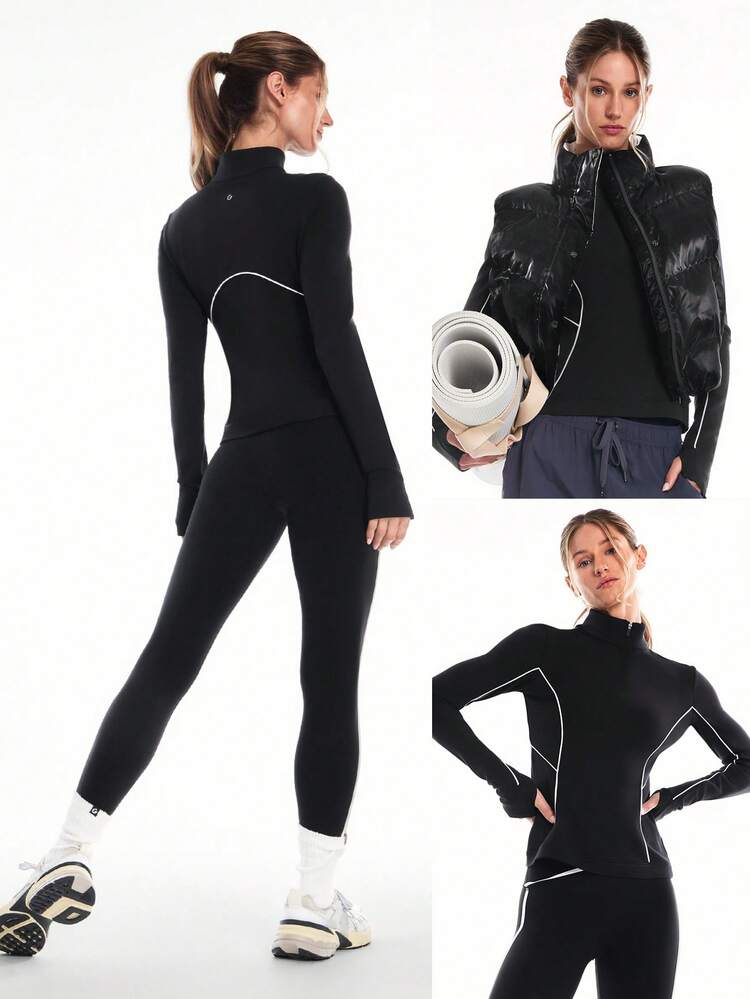 Chic In Warmth Collection Freeze Flow Wool Blend Soft Cozy Warm Slim Fit Hip Length Contrast Piping Thumbholes Half Zip Pullover Jacket  Outdoors Daily Casual Wear Spring Summer