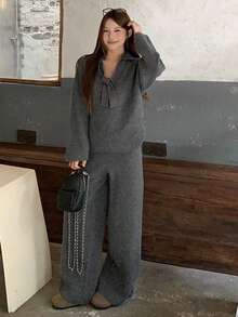 DAZY Women's Bowknot Knitted Top And Elongated Pants 2 Pieces Set, Autumn/Winter Lounge Sets For Women - Grey - View 6