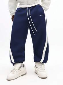 SUMWON Baggy Fit Cuffed Track Jogger Sweatpants With Cut And Sew Side Panels For Casual Comfort