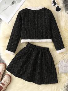 Young Girl Cute & Elegant Faux Pearl Decor Black & White Thickened Short Jacket And Mini Skirt Set For Autumn,7th Birthday Banquet Party Wool Coat - Black - View 2