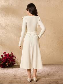 Ribbed Knit Ruffle Hem Elastic Waist Dress For Teens - Beige - View 2