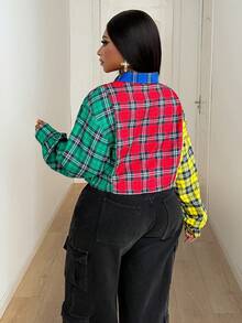 Maweii 大码女式拼色格子纽扣短袖衬衫，休闲街头服饰 - 彩色 - 查看 2